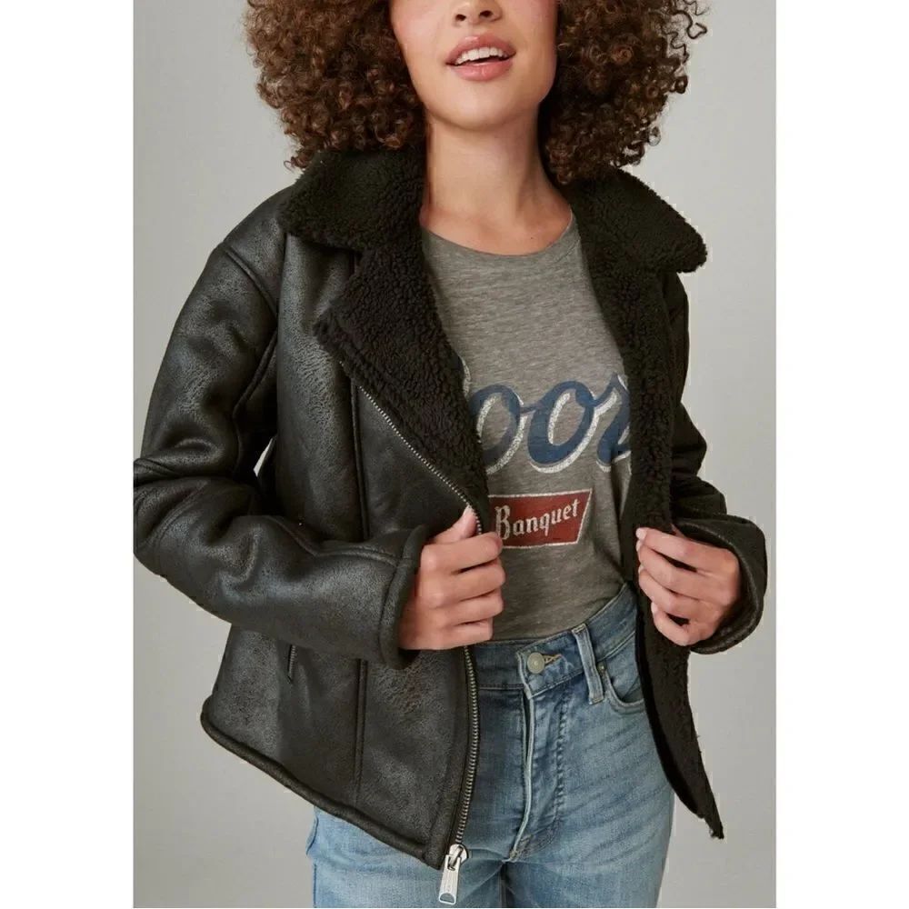 Moussy Leather Suede Faux Shearling Zip Black Biker Moto Jacket Sz M